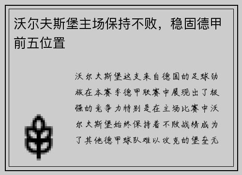 沃尔夫斯堡主场保持不败，稳固德甲前五位置